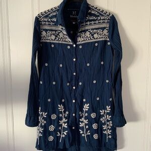 Johnny Was Dark Blue Floral Embroidered Shirt